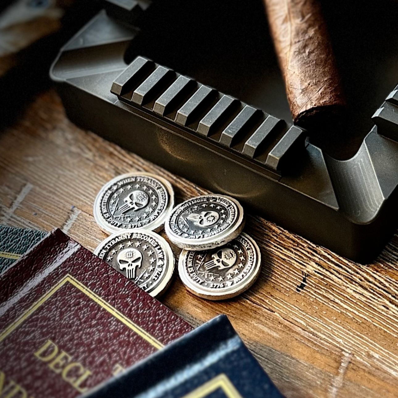 Ungovernable Collection Founder Edition Quad Rail cigar tray in a distressed burnt bronze, highly durable cerakote finish, hand crafted, designed, and made in the USA, precision milled from aluminum. 
