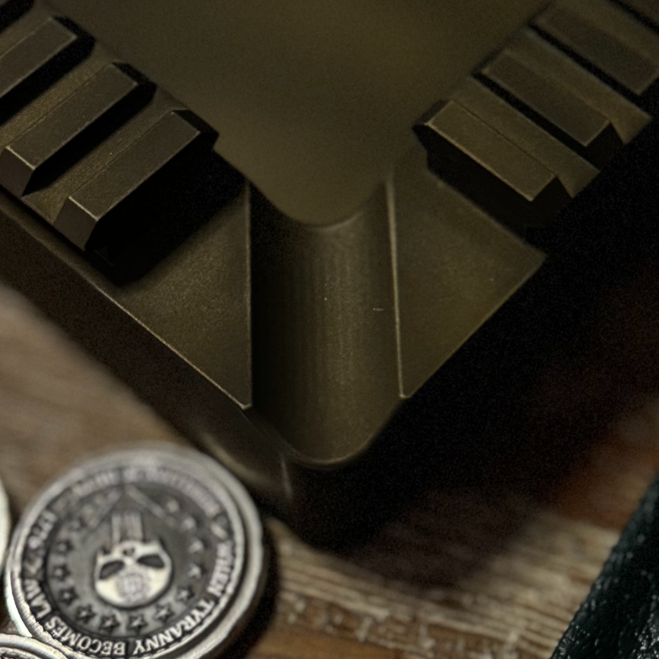 Ungovernable Collection Founder Edition Quad Rail cigar tray in a distressed burnt bronze, highly durable cerakote finish, hand crafted, designed, and made in the USA, precision milled from aluminum. 

