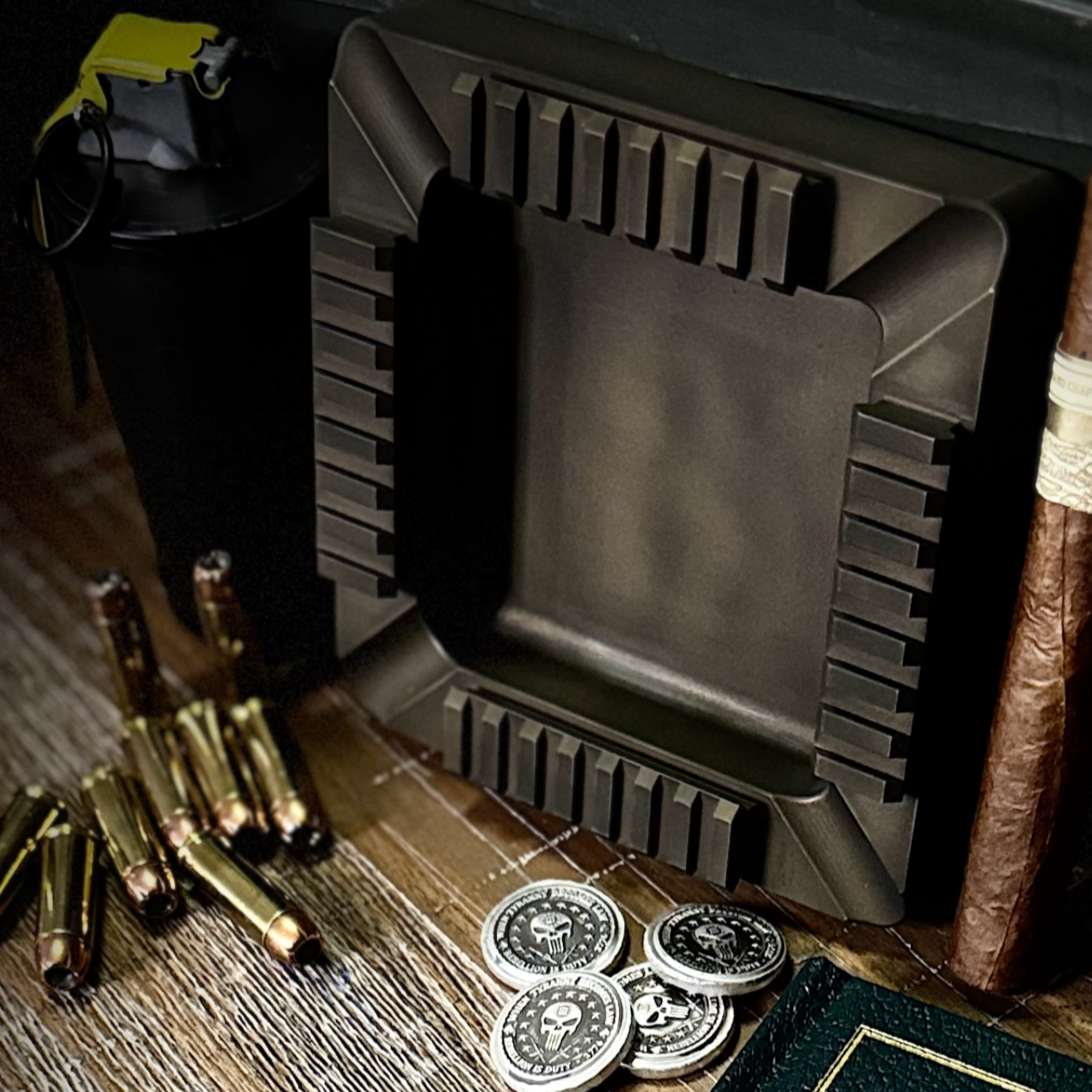 Ungovernable Collection Founder Edition Quad Rail cigar tray in a distressed burnt bronze, highly durable cerakote finish, hand crafted, designed, and made in the USA, precision milled from aluminum. 
